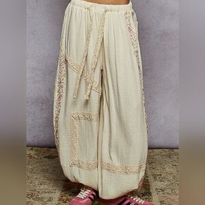 POL Floral Embroidered Drawstring Joggers with Lace Trim